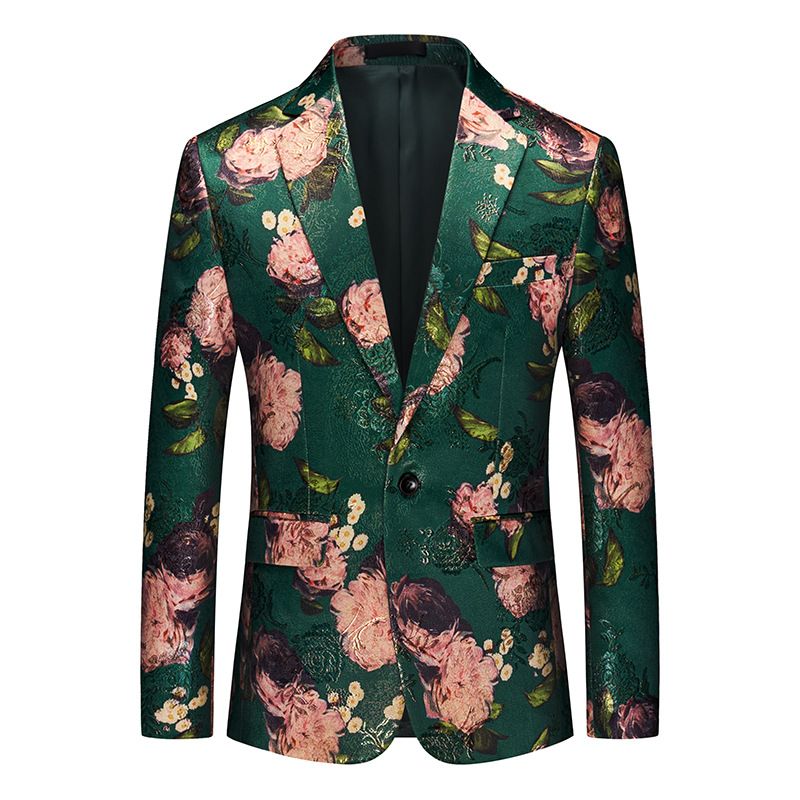 Blazer Esportivo Masculino Casaco Jacquard Com Um Botão Gola Plana Bolsos Aba Estampa Flores