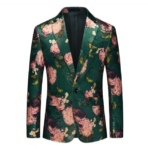 Blazer Esportivo Masculino Casaco Jacquard Com Um Botão Gola Plana Bolsos Aba Estampa Flores