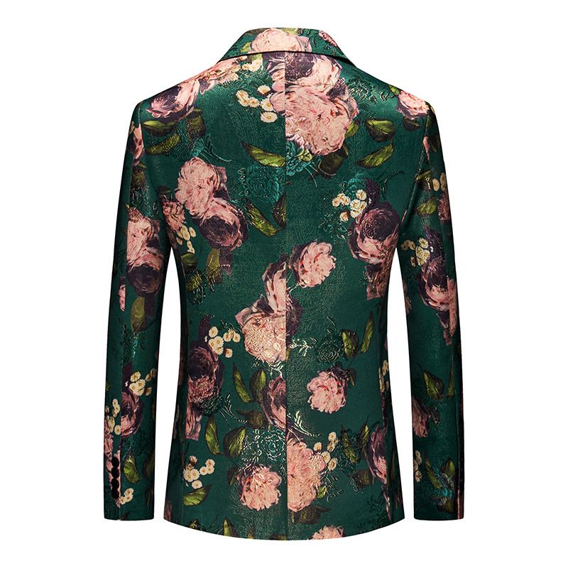 Blazer Esportivo Masculino Casaco Jacquard Com Um Botão Gola Plana Bolsos Aba Estampa Flores - Verde