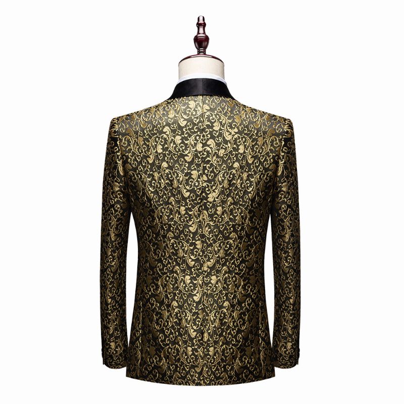 Blazer Esportivo Masculino Casaco Jacquard Com Um Botão Xale Lapela Bolsos Aba - Dourado