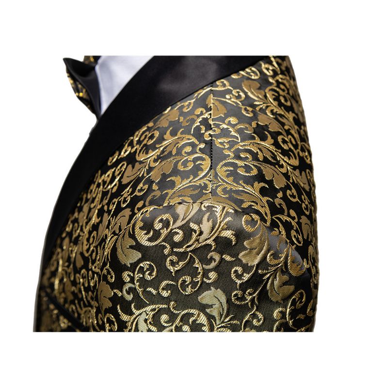 Blazer Esportivo Masculino Casaco Jacquard Com Um Botão Xale Lapela Bolsos Aba - Dourado