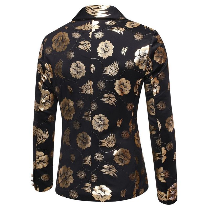 Blazer Esportivo Masculino Com Estampa Floral Bloco Colorido Moderno Um Botão - Dourado