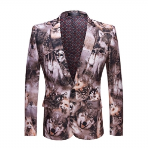 Blazer Esportivo Masculino Com Estampa Leopardo / Lobo Tigre Um Botão E Bolsos Aba Gola Plana