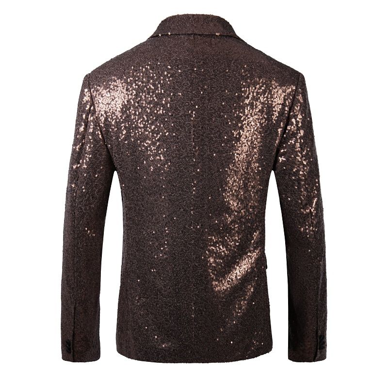 Blazer Esportivo Masculino Com Lantejoulas Decoração Metal Bloco Colorido Um Botão Tamanho Grande - Marrom