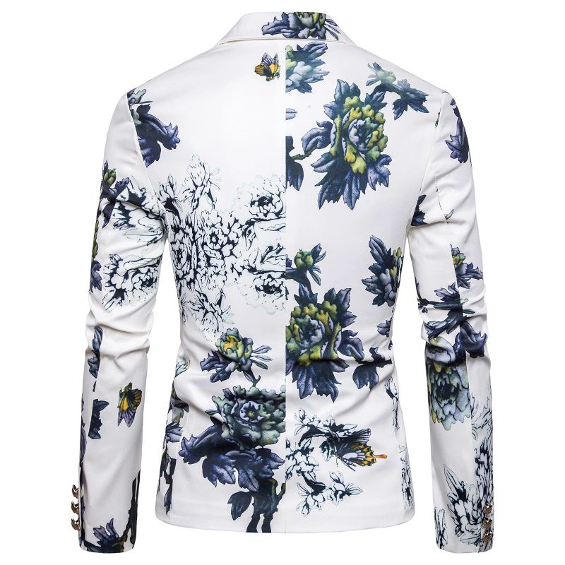 Blazer Esportivo Masculino Com Lapela Planta Floral Padrão Um Botão Fino - Branco