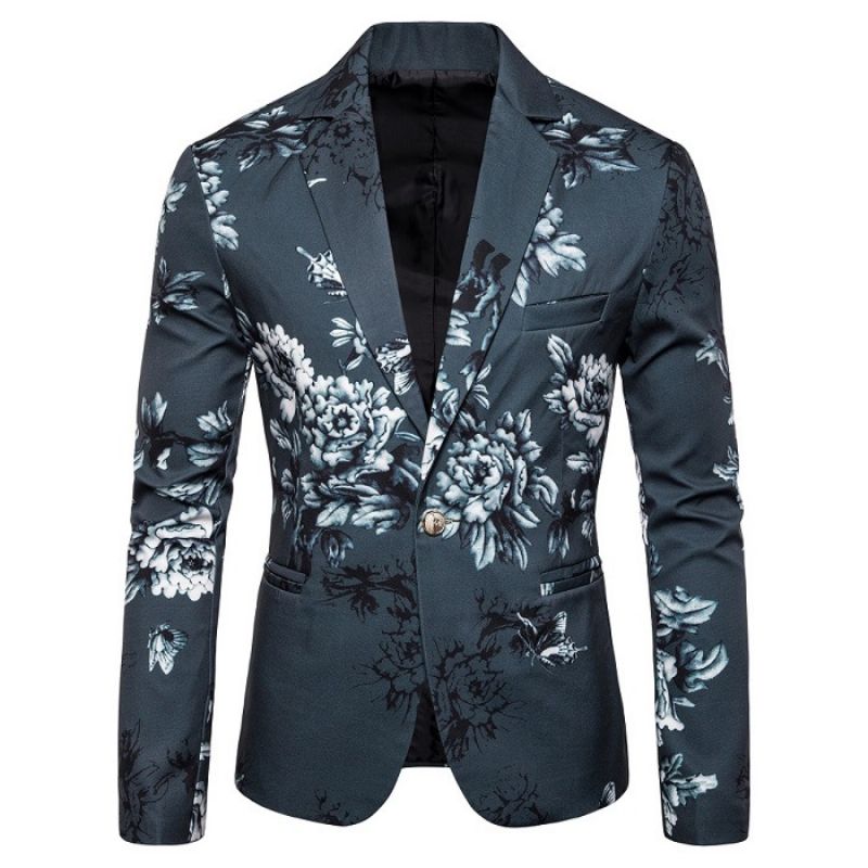 Blazer Esportivo Masculino Com Lapela Planta Floral Padrão Um Botão Fino - Verde