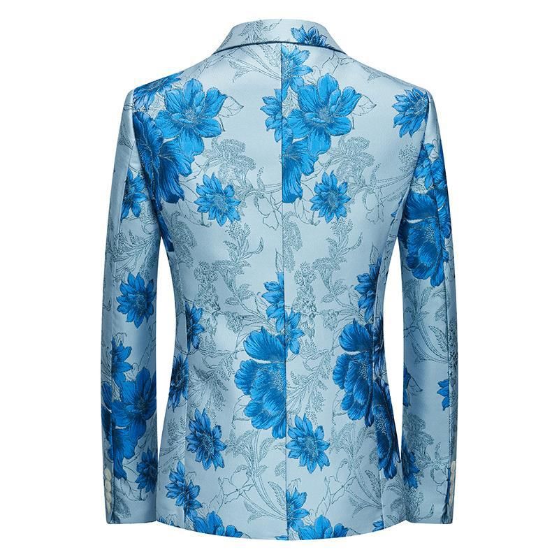 Blazer Masculino Casaco Esportivo Moda Planta Padrão Floral Um Botões - Azul Claro