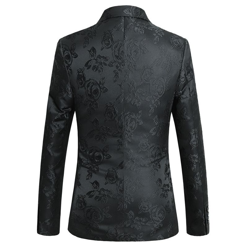 Blazer Masculino Esportivo Casaco Bordado Individualidade Slim Flor Padrão Um Botão - Preto