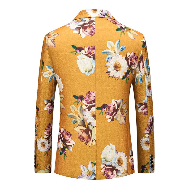 Blazer Masculino Esportivo Casaco Fino 3d Floral Padrão Rosa Um Botão Gola Plana Bolsos Com Aba - Amarelo