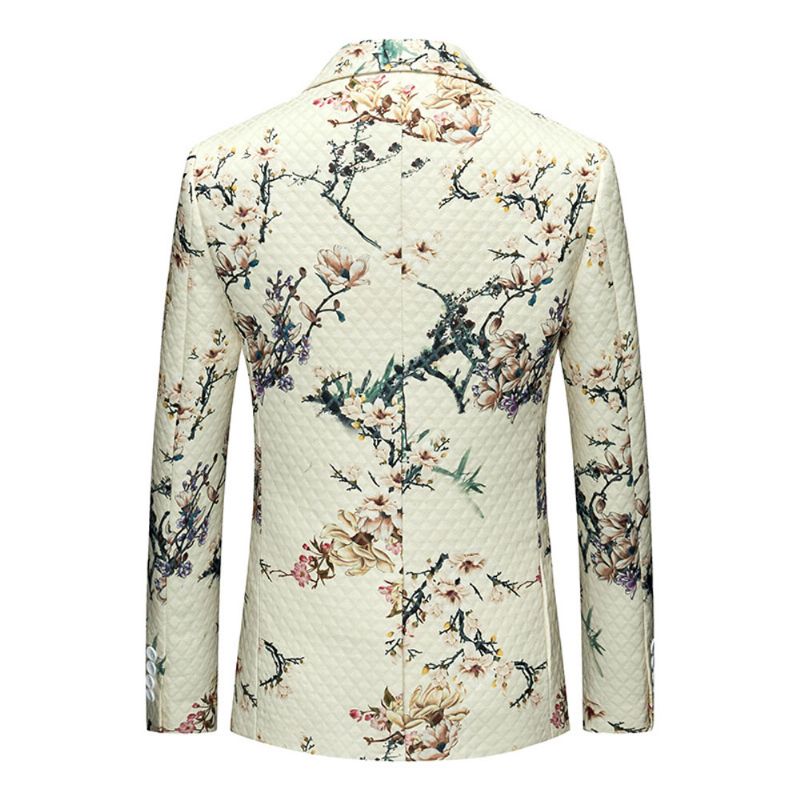 Blazer Masculino Esportivo Casaco Fino Floral Padrão Botânico Um Botão - Bege