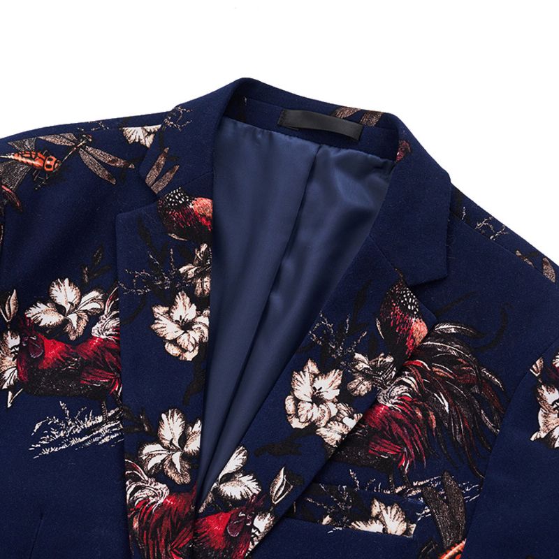 Blazer Masculino Esportivo Casaco Fino Floral Padrão Botânico Um Botão - Azul