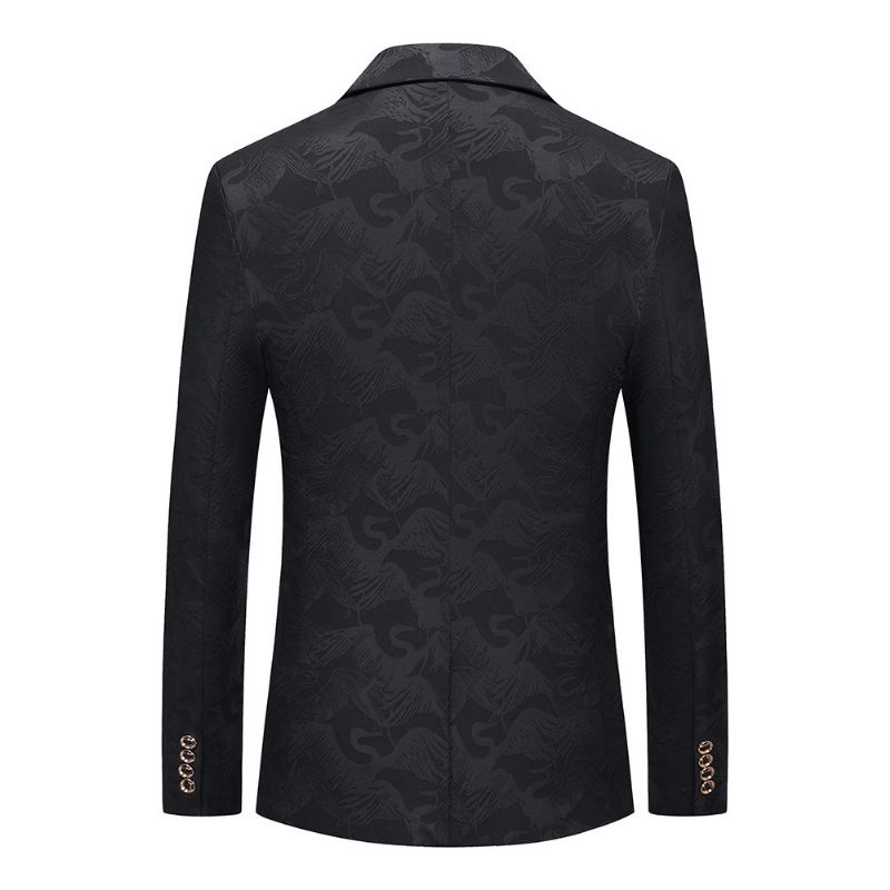 Blazer Masculino Esportivo Casaco Floral Padrão Pássaro Um Botão Bolsos Com Aba Fino - Preto