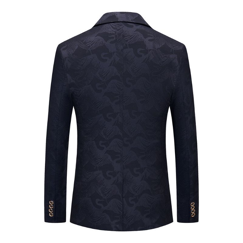 Blazer Masculino Esportivo Casaco Floral Padrão Pássaro Um Botão Bolsos Com Aba Fino - Azul Escuro