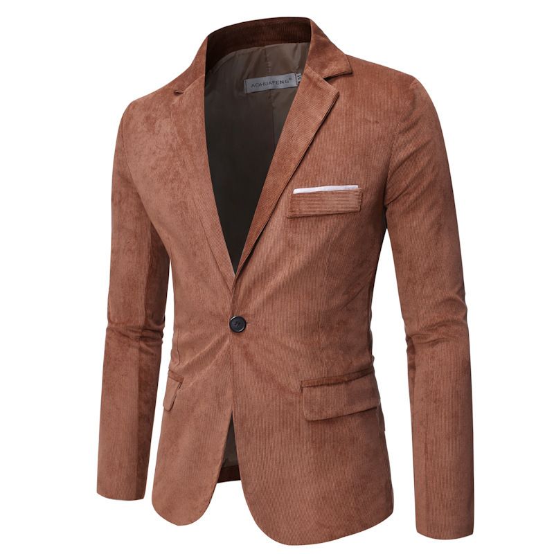 Blazer Masculino Esportivo Casaco Outono / Inverno Veludo Slim Com Bolsos Aba E Botões - Cáqui