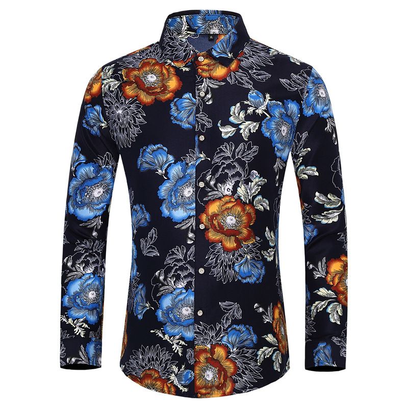 Camisa Grandes Masculina Moda Floral Padrão Manga Longa