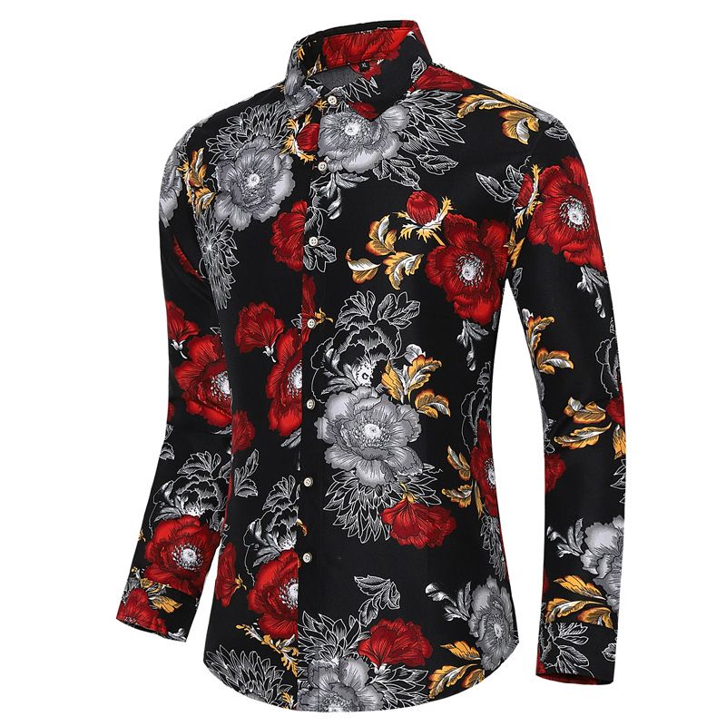 Camisa Grandes Masculina Moda Floral Padrão Manga Longa - Vermelho