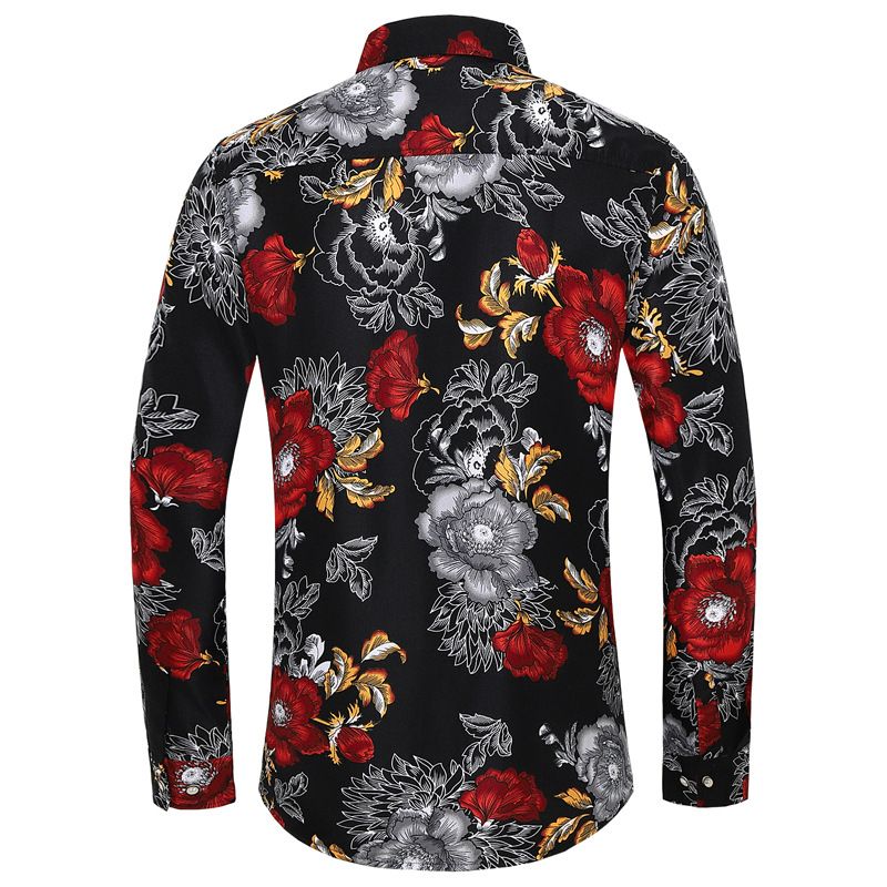 Camisa Grandes Masculina Moda Floral Padrão Manga Longa - Vermelho