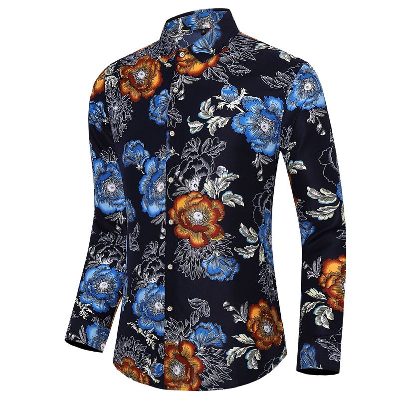 Camisa Grandes Masculina Moda Floral Padrão Manga Longa - Azul