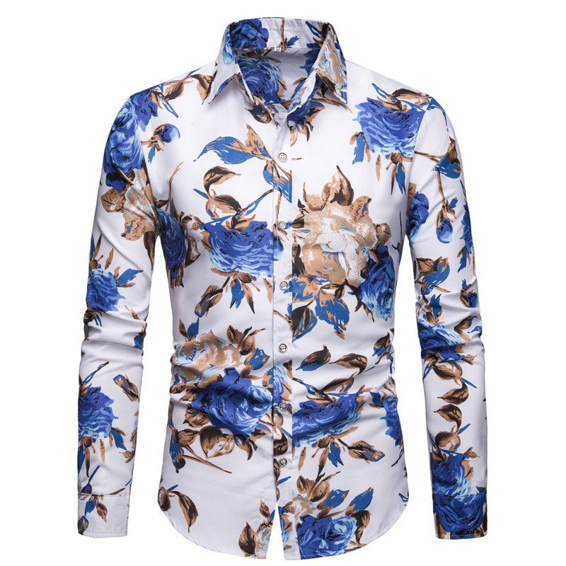 Camisa Masculina Manga Longa Padrão Floral Rose Slim