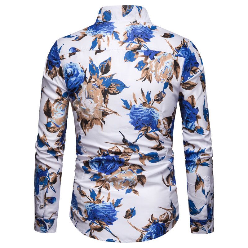 Camisa Masculina Manga Longa Padrão Floral Rose Slim - Azul