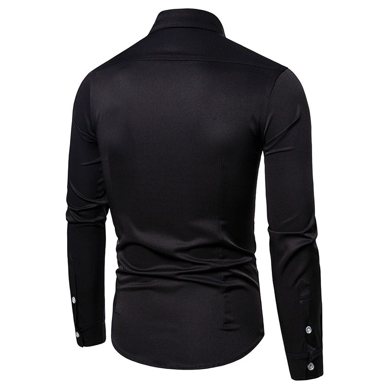 Camisa Social Masculina Manga Comprida Lapela Dobras Camiseta - Preto