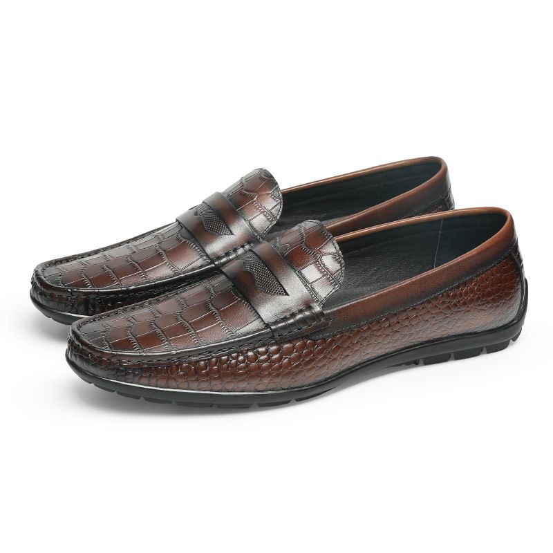 Mocassim Masculino Couro Vaca Com Padrão Crocodilo