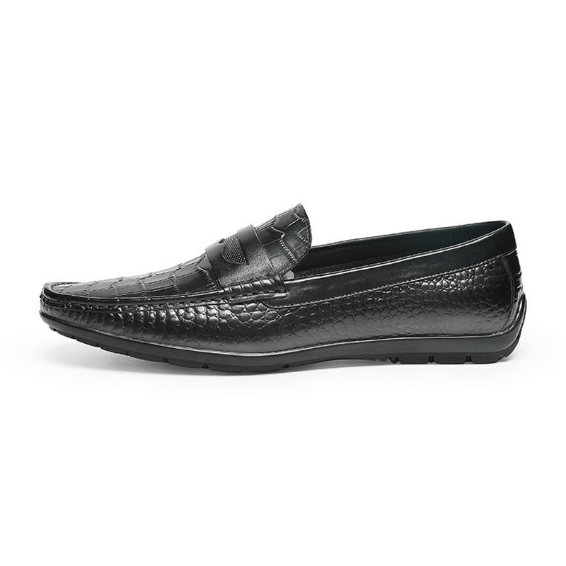 Mocassim Masculino Couro Vaca Com Padrão Crocodilo - Preto