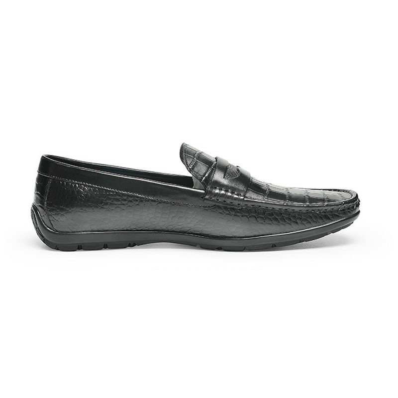 Mocassim Masculino Couro Vaca Com Padrão Crocodilo - Preto