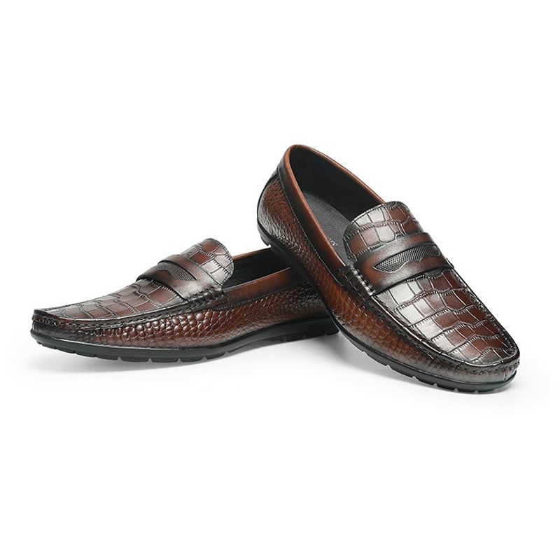 Mocassim Masculino Couro Vaca Com Padrão Crocodilo - Marrom