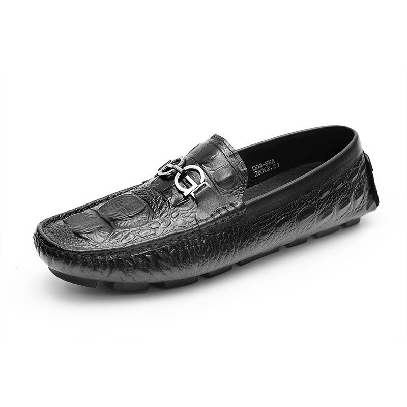 Mocassim Masculino Jacaré Padrão Sapatos Condução Couro Vaca Fivela Metal - Preto