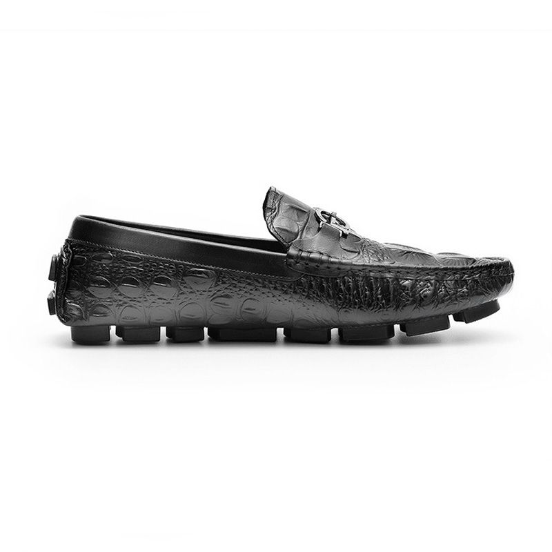 Mocassim Masculino Jacaré Padrão Sapatos Condução Couro Vaca Fivela Metal - Preto