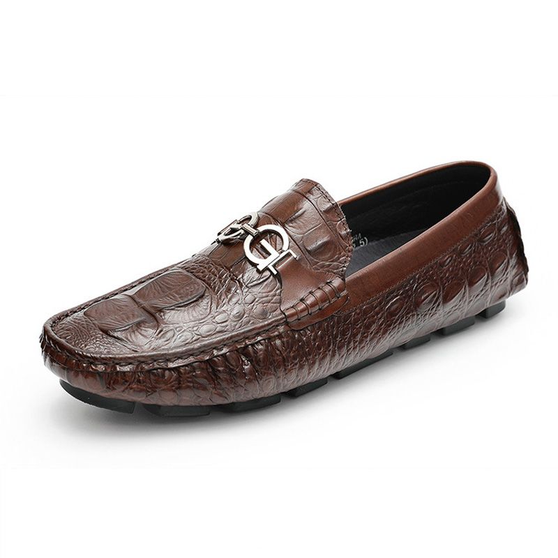 Mocassim Masculino Jacaré Padrão Sapatos Condução Couro Vaca Fivela Metal - Marrom