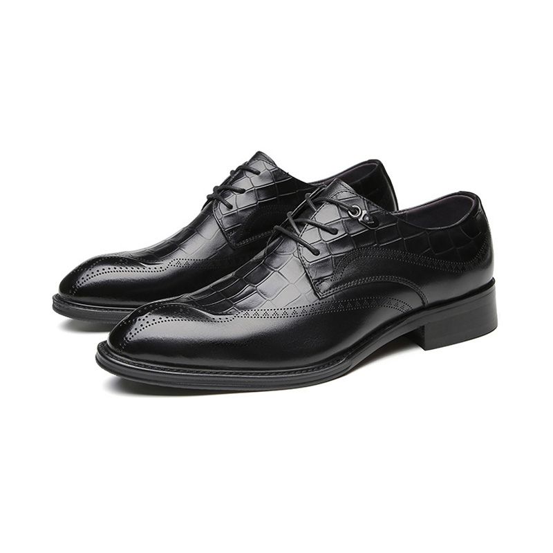 Sapatos Derby Formais Masculinos Couro Vaca Esculpido Com 3 Ilhós - Preto