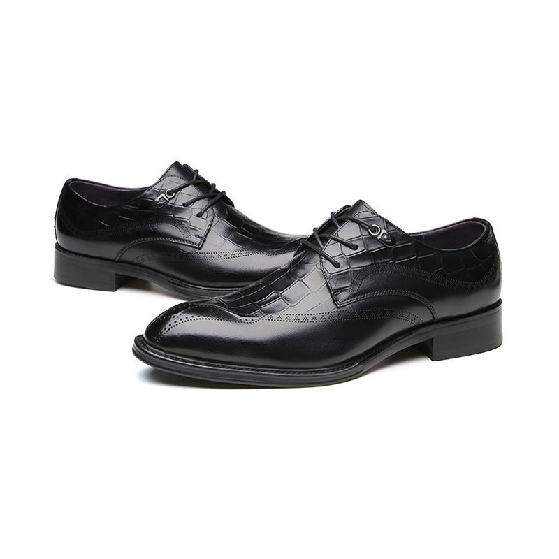 Sapatos Derby Formais Masculinos Couro Vaca Esculpido Com 3 Ilhós - Preto