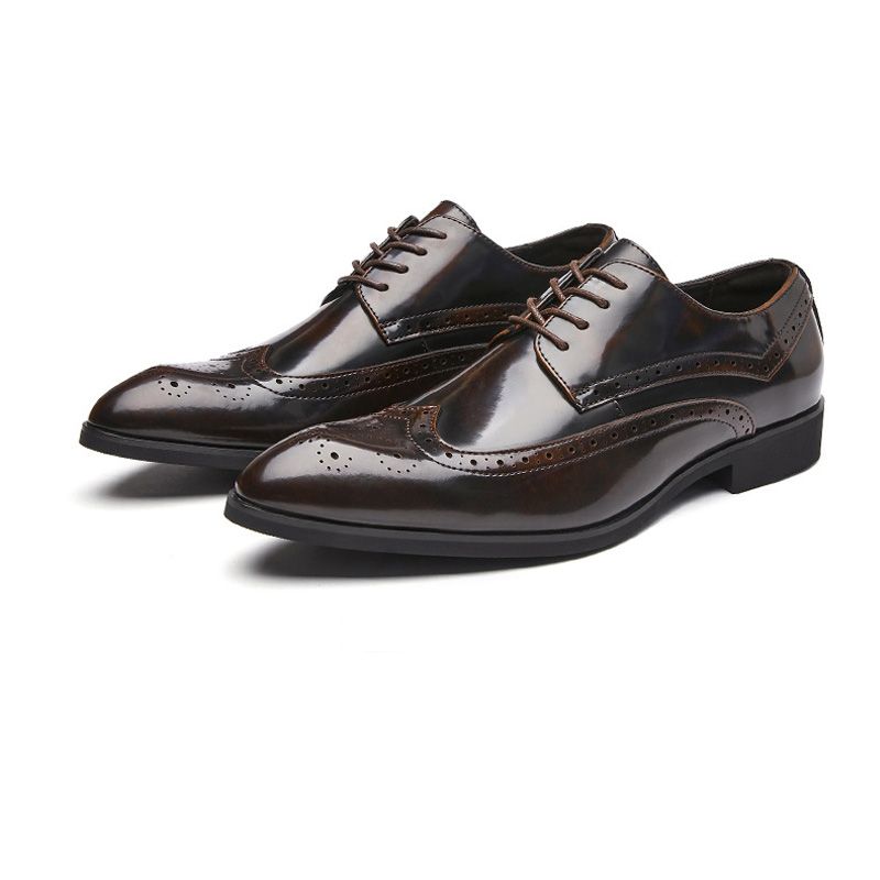 Sapatos Derby Masculinos Brogue Com Cadarço Couro Vaca Bico Fino Esculpido Sola Macia