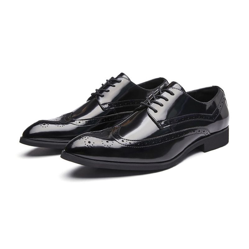 Sapatos Derby Masculinos Brogue Com Cadarço Couro Vaca Bico Fino Esculpido Sola Macia - Preto