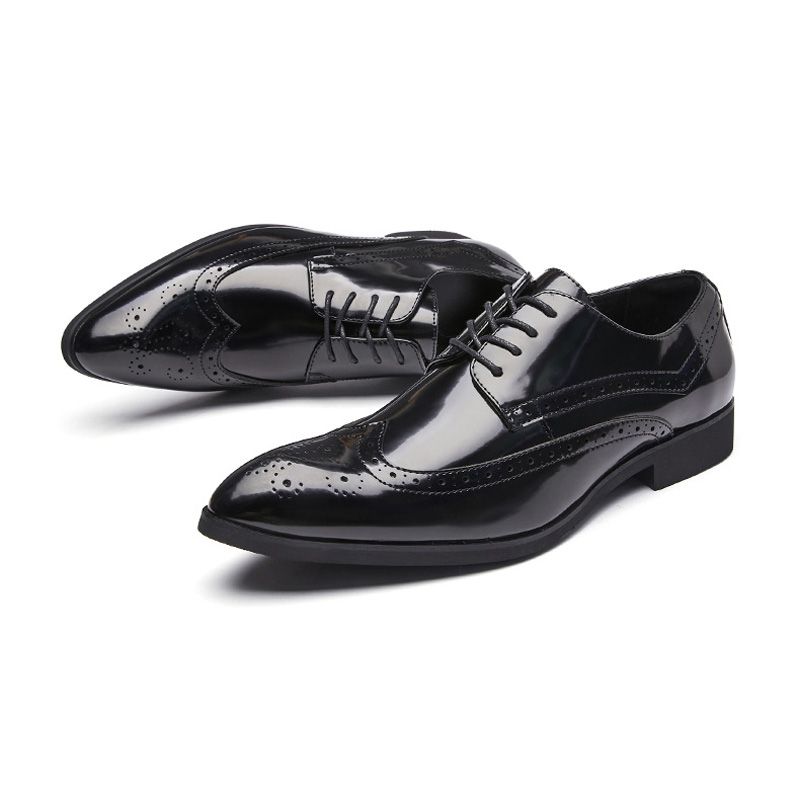 Sapatos Derby Masculinos Brogue Com Cadarço Couro Vaca Bico Fino Esculpido Sola Macia - Preto