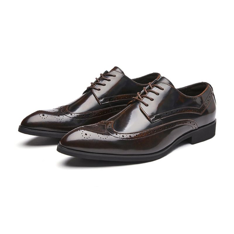 Sapatos Derby Masculinos Brogue Com Cadarço Couro Vaca Bico Fino Esculpido Sola Macia - Marrom