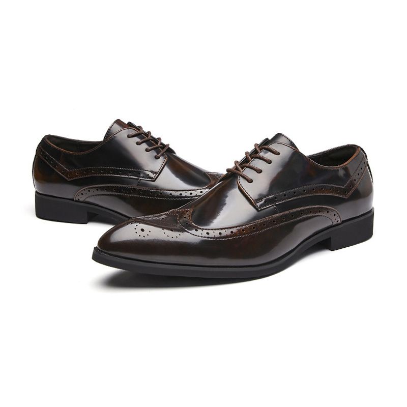 Sapatos Derby Masculinos Brogue Com Cadarço Couro Vaca Bico Fino Esculpido Sola Macia - Marrom