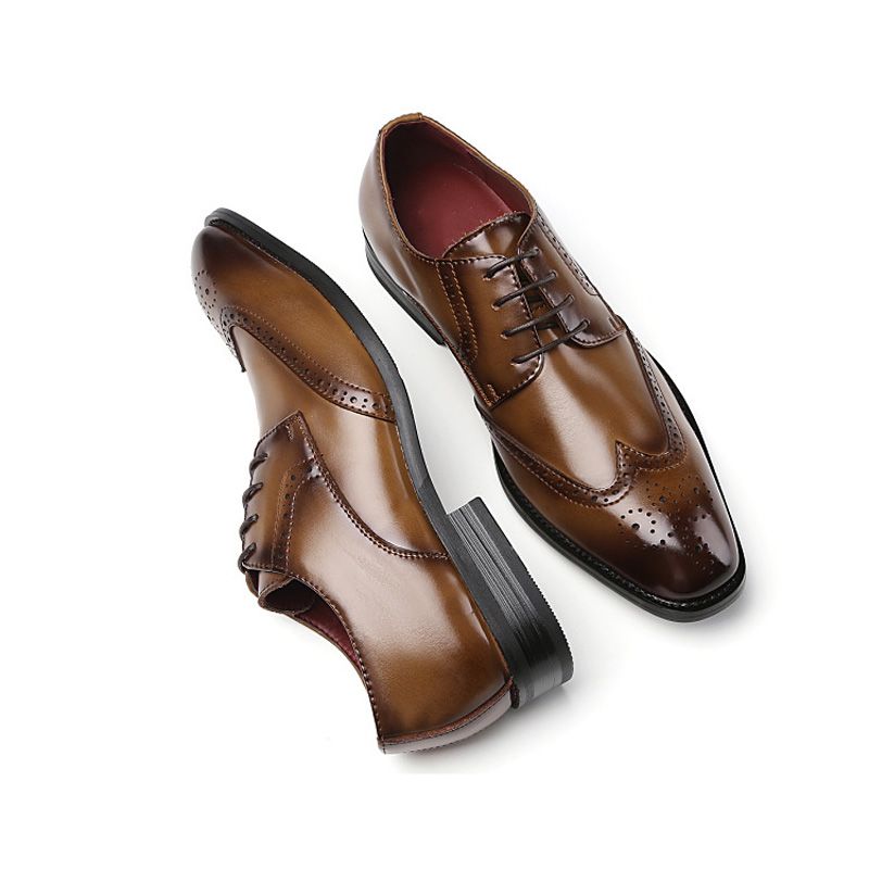 Sapatos Formais Masculinos Brogue Com Cadarço Bico Fino Couro Vaca - Marrom