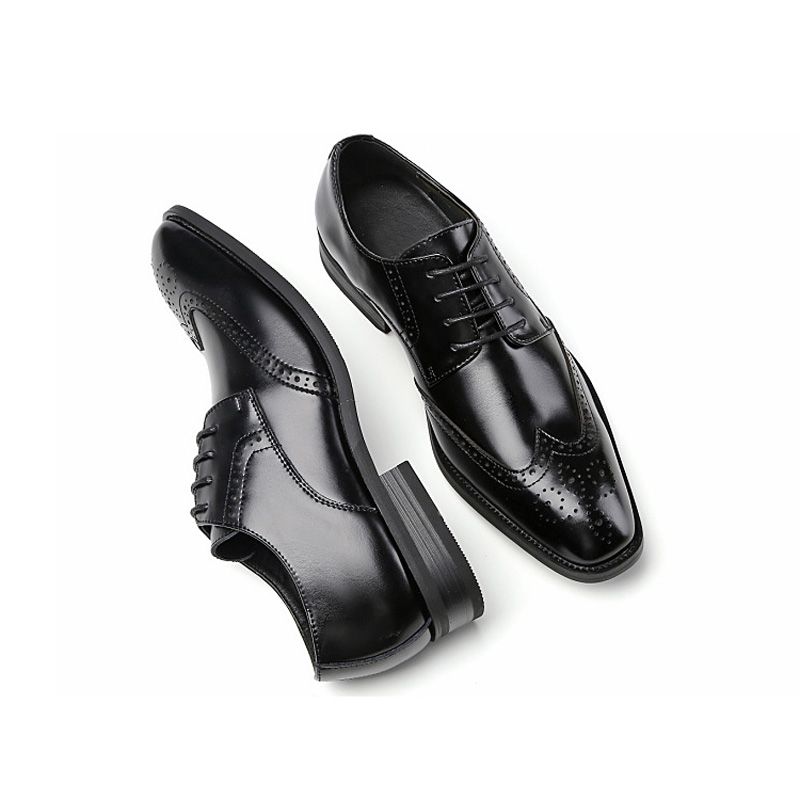 Sapatos Formais Masculinos Brogue Com Cadarço Bico Fino Couro Vaca - Preto