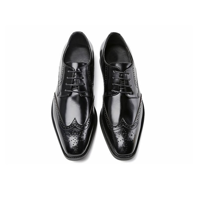 Sapatos Formais Masculinos Brogue Com Cadarço Bico Fino Couro Vaca - Preto