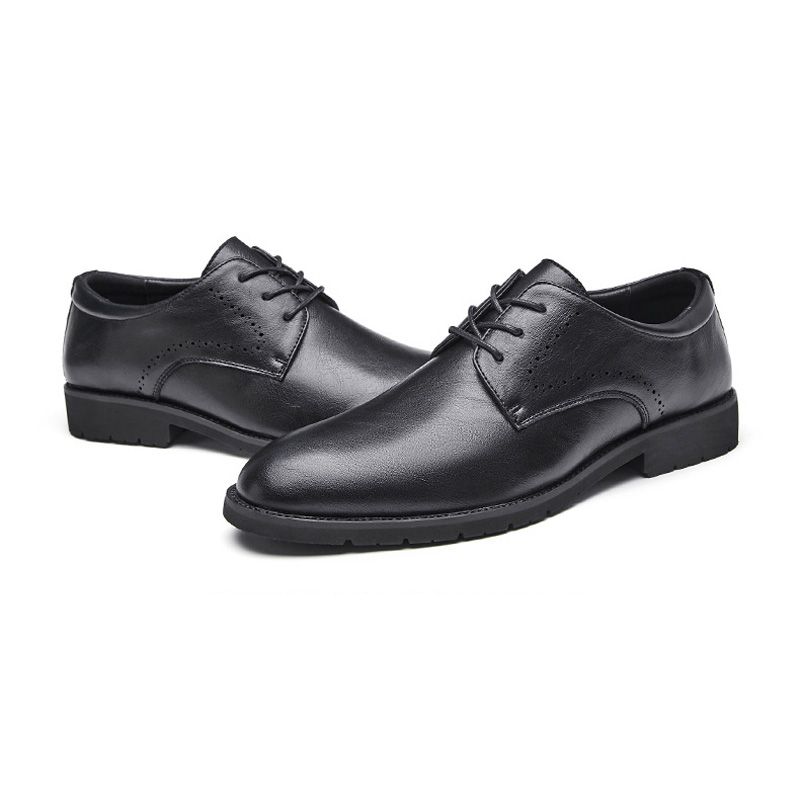 Sapatos Formais Masculinos Couro Vaca Derby Dedo Apontado Confortável Respirável 3 Ilhós - Preto