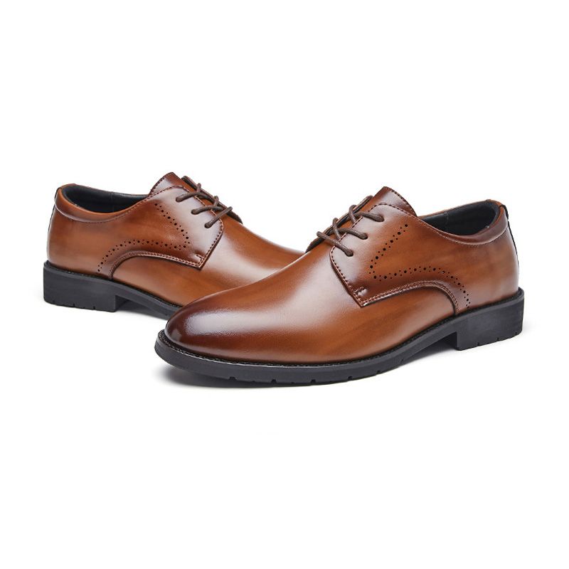 Sapatos Formais Masculinos Couro Vaca Derby Dedo Apontado Confortável Respirável 3 Ilhós - Marrom