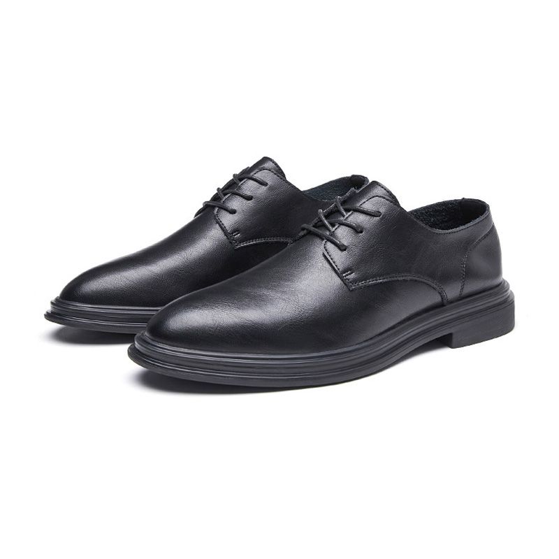 Sapatos Formais Masculinos Derby Bico Fino Couro Vaca Com Cadarço E 3 Ilhós - Preto