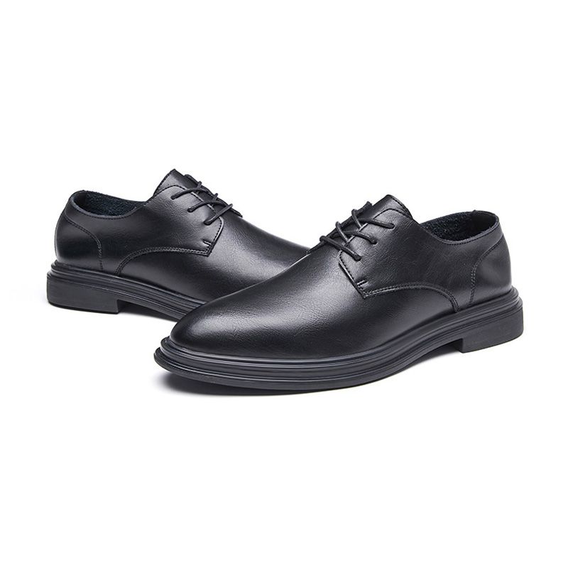 Sapatos Formais Masculinos Derby Bico Fino Couro Vaca Com Cadarço E 3 Ilhós - Preto