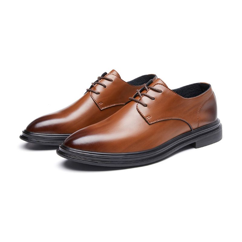 Sapatos Formais Masculinos Derby Bico Fino Couro Vaca Com Cadarço E 3 Ilhós - Marrom