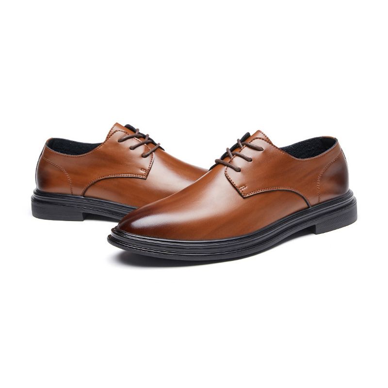 Sapatos Formais Masculinos Derby Bico Fino Couro Vaca Com Cadarço E 3 Ilhós - Marrom