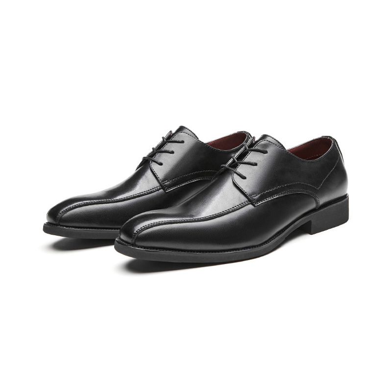 Sapatos Formais Masculinos Derby Com Cadarço Bico Fino Sola Macia Couro Vaca - Preto