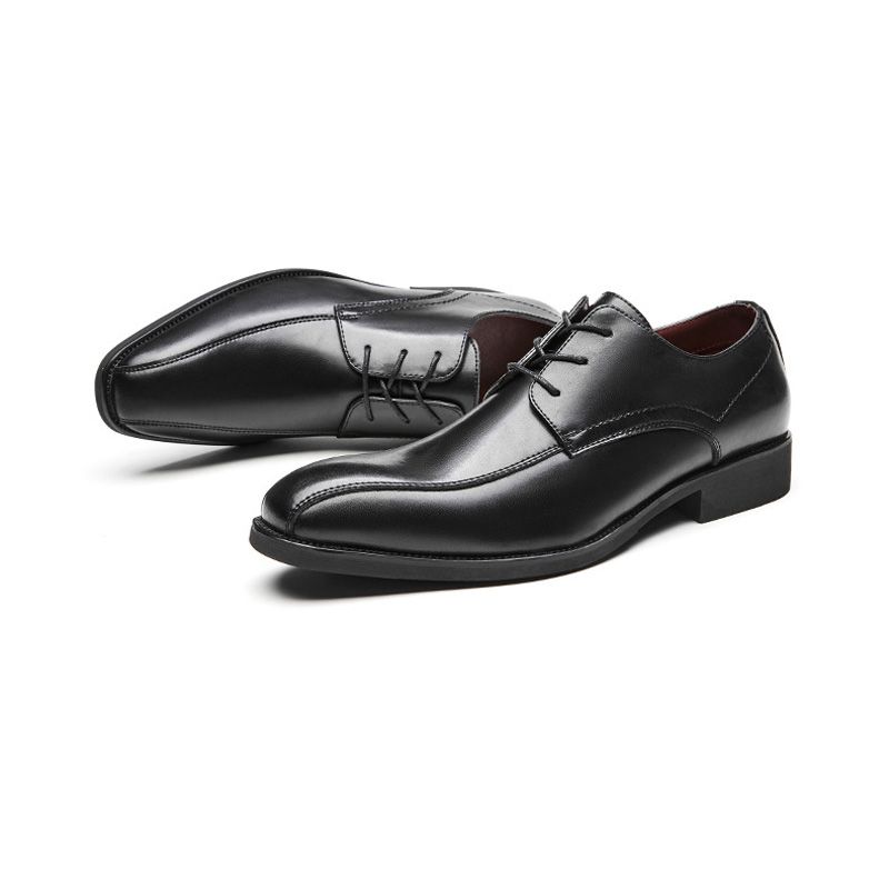 Sapatos Formais Masculinos Derby Com Cadarço Bico Fino Sola Macia Couro Vaca - Preto